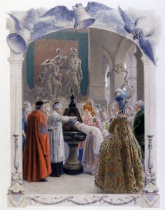 Scéna šlechtického křtu z 18. století, kolem roku 1900 (ilustrace) od Maurice Leloir