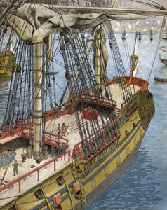 Bombardování a požár města Alžíru v roce 1682: Abraham Marquis Duquesne (mezi 1604 a 1610-88), důstojník francouzského námořnictva, kouká ze své lodi na účinek, jaký vyvolaly bomby galiotes. Chromotypografie v „“Le Roy Soleil““ (Louis XIV) od Gu od Maurice Leloir