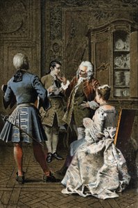 Chez monsieur de G. M. - v „Historie Manon Lescaut a rytíře Des Grieux“ od L’abbe Prevost (1697-1763), francouzského spisovatele. Rytina podle kreseb Maurice Leloira (1885). od Maurice Leloir