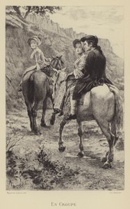 Jean-Jacques Rousseau a dvě mladé ženy na cestě na koni (hlubotisk) od Maurice Leloir