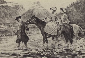 Jean-Jacques Rousseau pomáhá dvěma mladým ženám překročit potok (hlubotisk) od Maurice Leloir