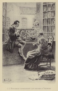 Jean-Jacques Rousseau vyučující hodiny Therese (hlubotisk) od Maurice Leloir