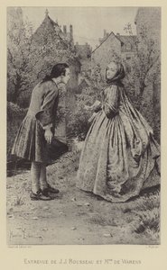Setkání Jean-Jacquese Rousseaua a Madame de Warens (rytina) od Maurice Leloir
