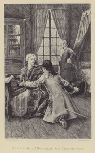 Návrat Jean-Jacquese Rousseaua do Les Charmettes (rytina) od Maurice Leloir