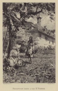 Rousseauova recepce na Ile St Pierre (rytina) od Maurice Leloir