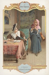 Scéna z bajky Jean de la Fontaines La Cigale et la Fourmi (Mravenec a kobylka) (chromolitho) od Maurice Leloir