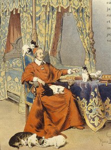 Kardinál si hraje se svými kočkami, které obzvlášť miloval – v „“Richelieu”” od Maurice Leloira, deb. 20. století od Maurice Leloir