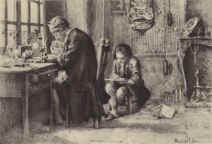 Mladý Jean-Jacques Rousseau čte, zatímco jeho otec pracuje (hlubotisk) od Maurice Leloir