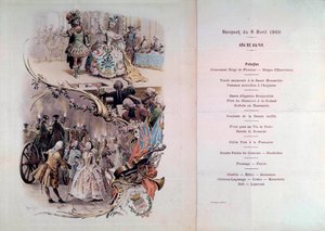 Svatební menu s ilustrací Maurice Leloira (1851-1940) plesů v kostýmech a galantes, 6.4.1900 od Maurice Leloir