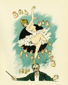Poster for the ball of incoherents, ball organized between 1885 and 1896 in Paris as part of the artistic movement launched by Jules Levy in 1882, the incoherent arts, Illustration en lithographie by Maurice Neumont (1868-1930), showing a naked dancer on t