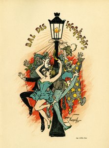 Plakát pour le bal des incoherents, bal organizovaný mezi lety 1885 a 1896 v Paříži jako součást uměleckého hnutí zahájeného Julesem Levym v roce 1882, les arts incoherents, Illustration en lithographie de Maurice Neumont (1868-1930), v Les Programs illust