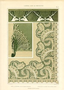 Dekorativní zvířecí ozdoby s jeleny a mořskými živočichy (litografie) od Maurice Pillard Verneuil