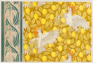 Design pro tapety Kakadu s citrony a tapety hranice s létajícími rybami, hospoda. 1897. od Maurice Pillard Verneuil