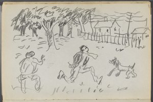 Skicář, The Dells, č. 127, strana 107: 107, str. 1. Krajina s postavami a psem od Maurice Prendergast