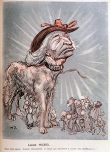 Karikatura Louise Michela jako psa "" plemene newfoundland (Newfoundland), žádná odměna, strávila svou existenci zachraňováním nešťastníků." od Maurice Radiguet