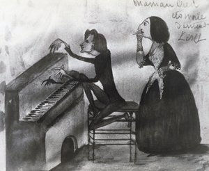 Karikatura Franze Liszta (1811-1886) a George Sanda (1804-1876) v Nohantu v roce 1832, kresba Maurice Sanda (1825-1889)