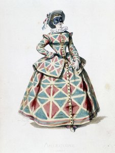 Kostým a maska Harlekýna v roce 1855, ženská postava Harlekýna v commedia dell