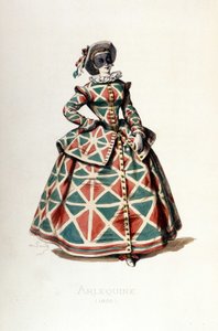 Kostým a maska Harlekýna v roce 1855, ženská postava Harlekýna v commedia dell
