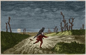 Vlkodlak (Vlkodlak, lupo mannaro) rytina podle obrazu Maurice Sanda. Rytina z roku 1857.