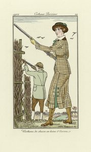 Design pro dámské tweedové střelecké oblečení, od Costumes Parisien, pub. 1912 (pochoir print)