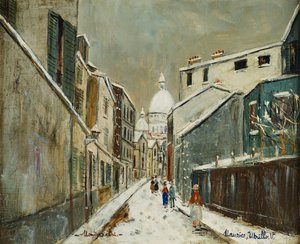 Ulice St. Rustique pod sněhem, Montmartre, kolem roku 1939 (olej na plátně)