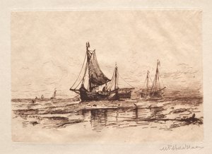 Rybářské lodě na pláži v Scheveningen. od Maurits Frederik Hendrik De Haas