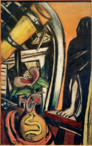 Ateliér (noc). Zátiší s dalekohledem a zahalenou postavou od Max Beckmann