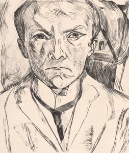 Čelní autoportrét s domovním štítem v pozadí od Max Beckmann