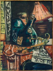 Zátiší s naklánějící se lahví alkoholu a Buddhou od Max Beckmann