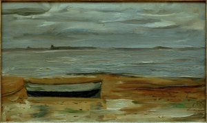 Pláž s šedou lodí a šedým mořem od Max Beckmann