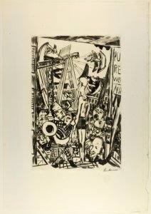 Vysoký muž, deska pět z Jahrmarktu od Max Beckmann