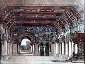 Scéna pro operu Richarda Wagnera Tannhauser. Scénografie Brucknera 1891. Bayreuth, Wagnerovo muzeum.
