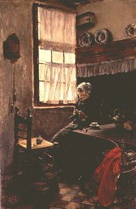 Mladá žena pletení v interiéru od Max Liebermann
