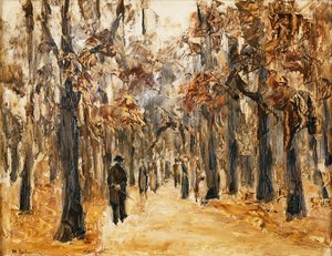 Zoologické zahrady na podzim s figurami na procházce; Tiergarten na podzim s chodci, od Max Liebermann