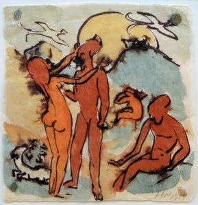 Koupací scéna s ptáky kormidelníky od Max Pechstein