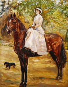 Žena v bílém, jízda na koni; Dáma v bílých jezdeckých šatech na koni, 1910 od Max Slevogt