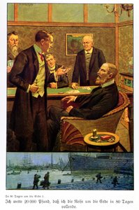 Phileas Fogg se v Reformním klubu vsadil, že může procestovat svět za 80 dní, ilustrace z vydání vydaného v Berlíně