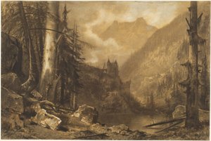 Alpský hrad nad zalesněným jezerem od Maxime Lalanne