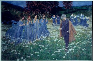 Snění, svět Snová krajina, muž překračuje pole lidí poplatků. Obraz Maxmiliána Lenze (1860-1948)