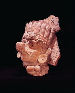 Hlava mayského boha kukuřice, Oaxaca, cca 500 n. l. (hliněné nádobí)
