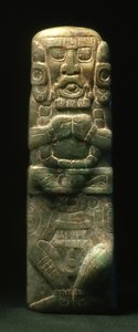 Soška umístěná ve věnování na Hieroglyfickém schodišti, Copan, pozdní klasické období (600-900) (nefrit)