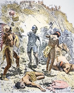 Indiánské povstání v Pueblu v roce 1680 (kolorovaná rytina)