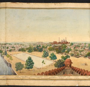 Část panoramatu Dillí, zobrazující Jama Masjid od Mazar or Mazhar Ali Khan