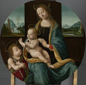 Panna a dítě s nemluvnětem Janem Křtitelem Maria se setkala s druhem en Johannes de Doper od Meester van de Conversazione di Santo Spirito