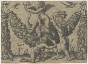 Tři putti s pštrosem Tapiserie papeže od Raphaela (název série)