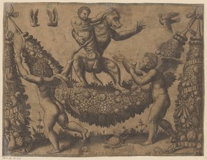 Putti zesměšňuje opici Tapiserie papeže (název série) Tapezzerie de Papa (název série)