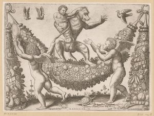 Putti zesměšňuje opici Tapiserie papeže (název série) Tapezzerie de Papa (název série na objektu)