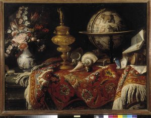 Váza s květinami, astrální glóbus, knihy a zlaté předměty na koberci. Obraz Meiffrena Conteho (nebo hraběte) (1630-1705) Povinná zmínka: Collection fondation needs de Provence, Marseille (cm 92x121) od Meiffren (c.1630 1705) Conte