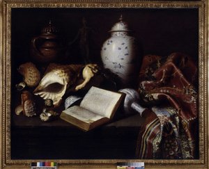 Čínské vázy, skořápky, starožitné bronzy, knihy a koberce (olej na plátně) od Meiffren (c.1630 1705) Conte