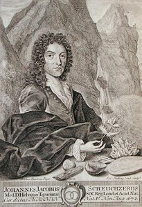 Portrét Johanna Jacoba Scheuchzeriho, frontispice k „Itinera Alpina“ od Scheuchzeriho, vyrytý Josephem Nuttingem (asi 1660-1722), vydáno 1706 (rytina) od Melchior Fusslinus (after) Tigur